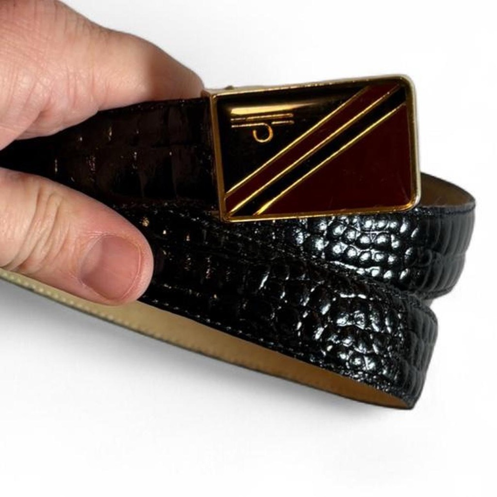 Vintage Black Crocodile Leather Belt With GoldRedBlack EnamelChrome Buckle